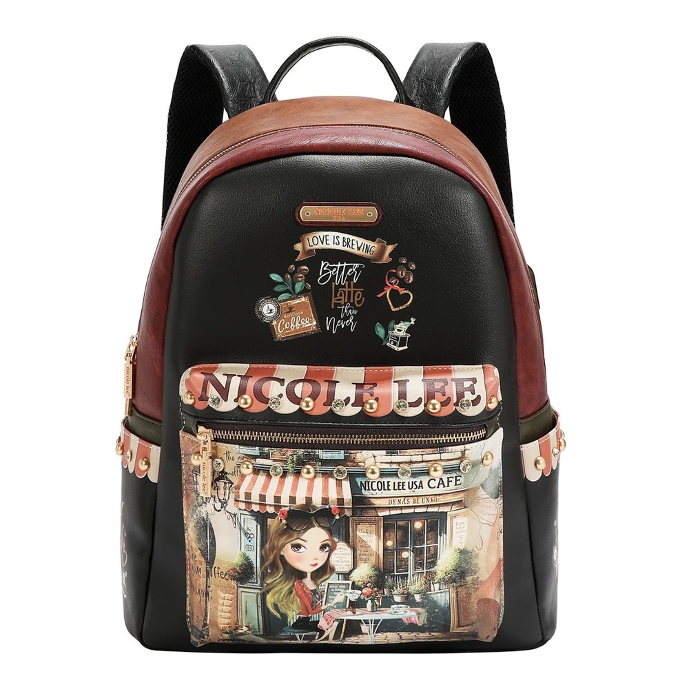 Nicole Lee Black & Brown Cafe Print Backpack
